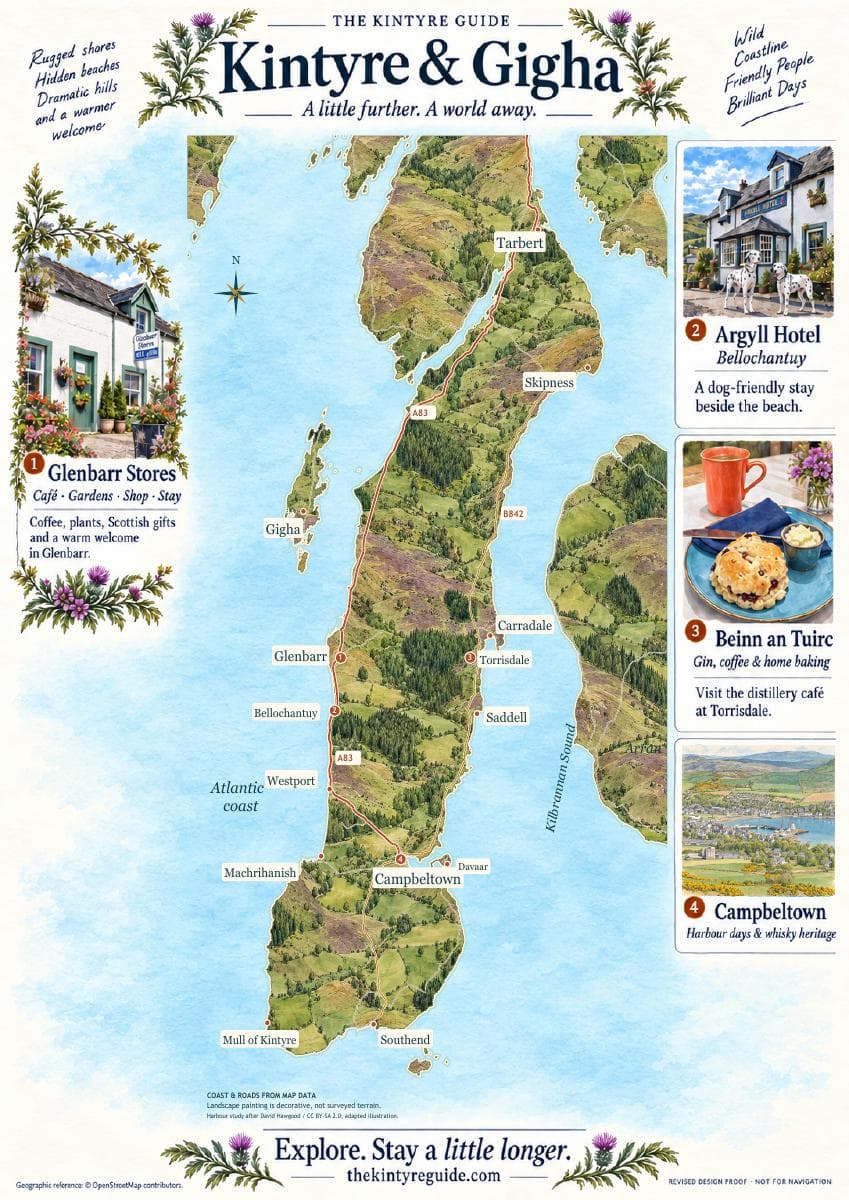 Front · illustrated visitor map for The Kintyre Guide A4 membership example