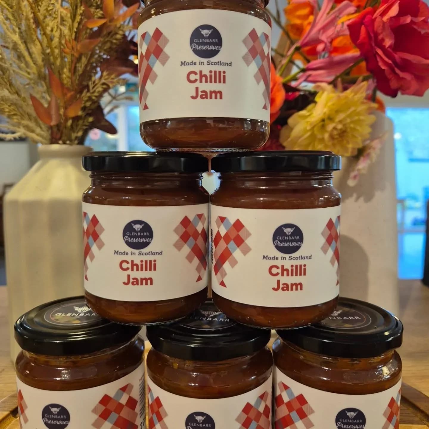 Glenbarr chilli jam preserves displayed in the shop
